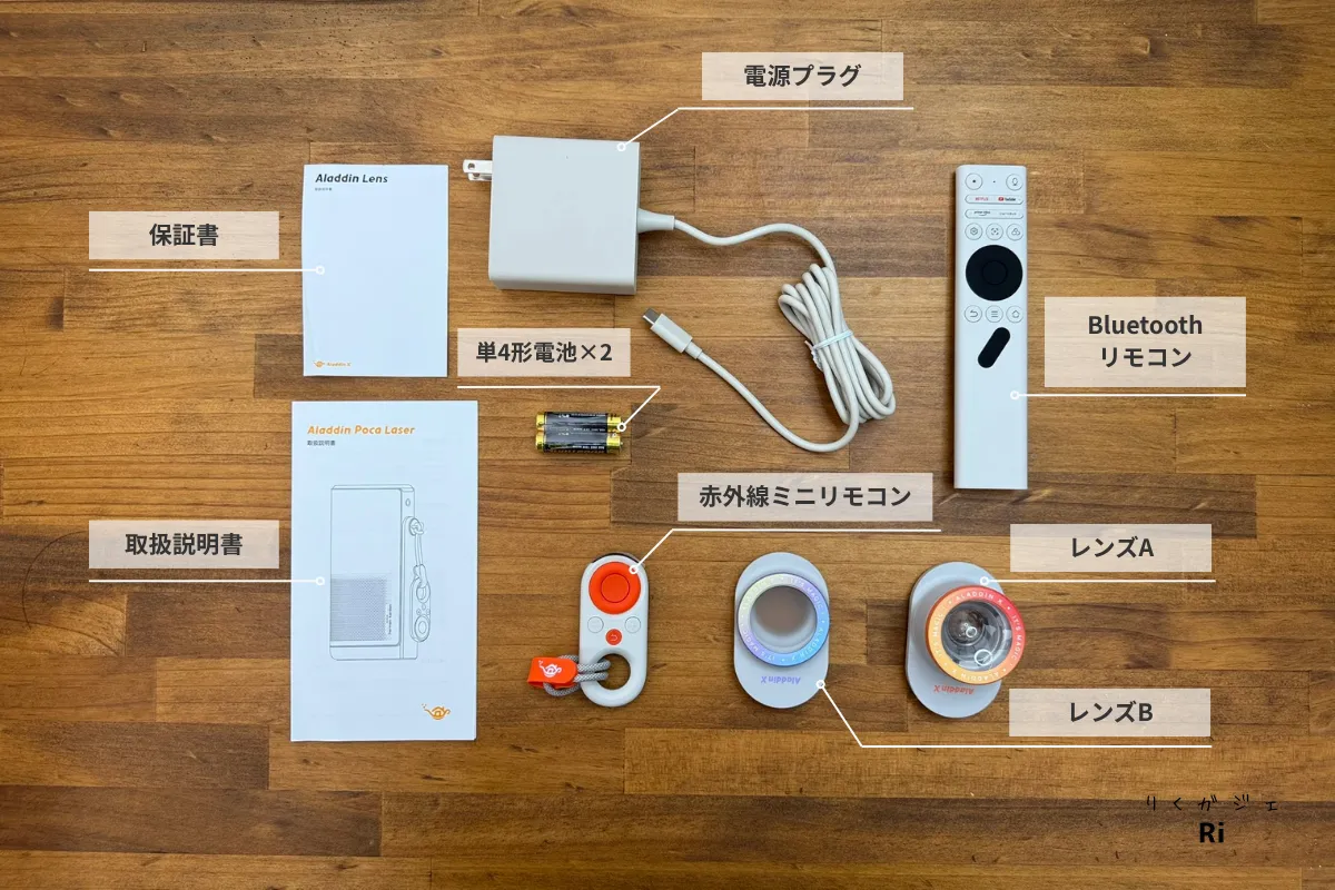Aladdin Poca Laserの同梱品一式。Bluetoothリモコン、赤外線ミニリモコン、レンズA・B、電源プラグ、取扱説明書、保証書、単4形電池×2が並べられている。