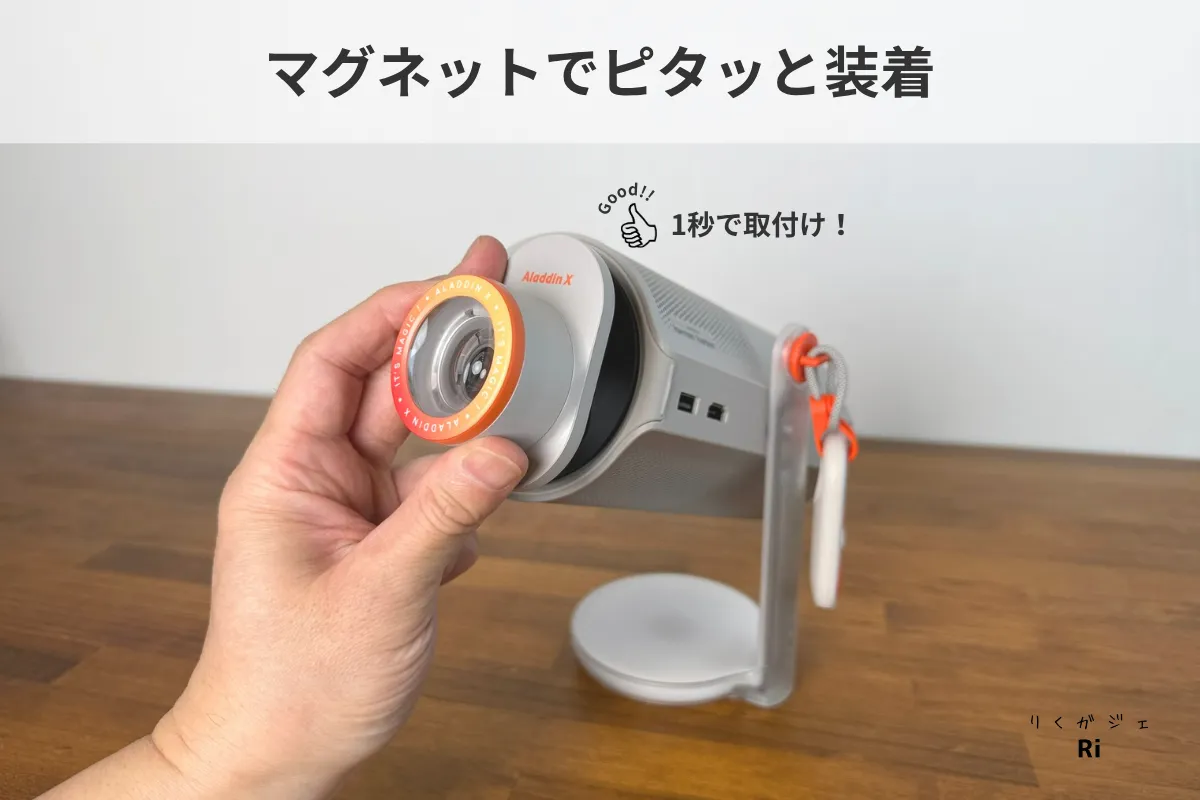 Aladdin Poca LaserにAladdin Lens Aをマグネットで装着している様子。1秒で簡単に取り付けできる構造。