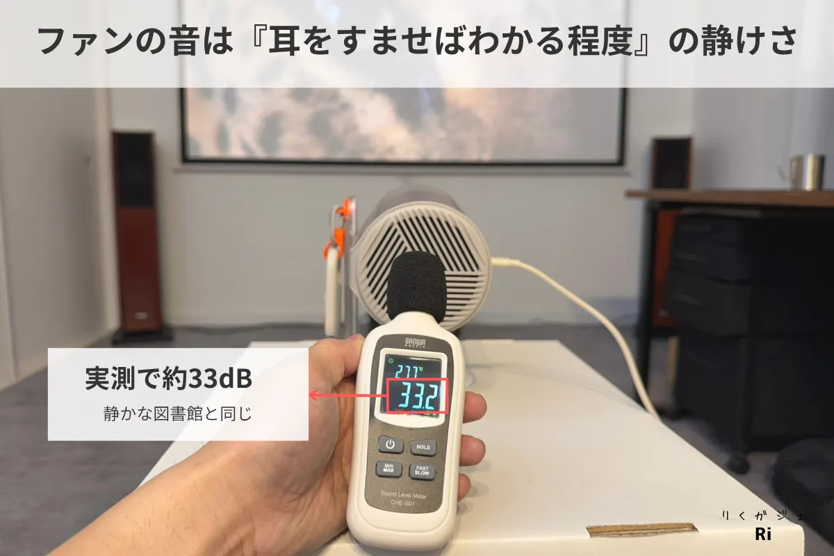 Aladdin Poca Laserのファン音を騒音計で測定している写真。実測値は約33dBで、静かな図書館と同程度の静けさ。