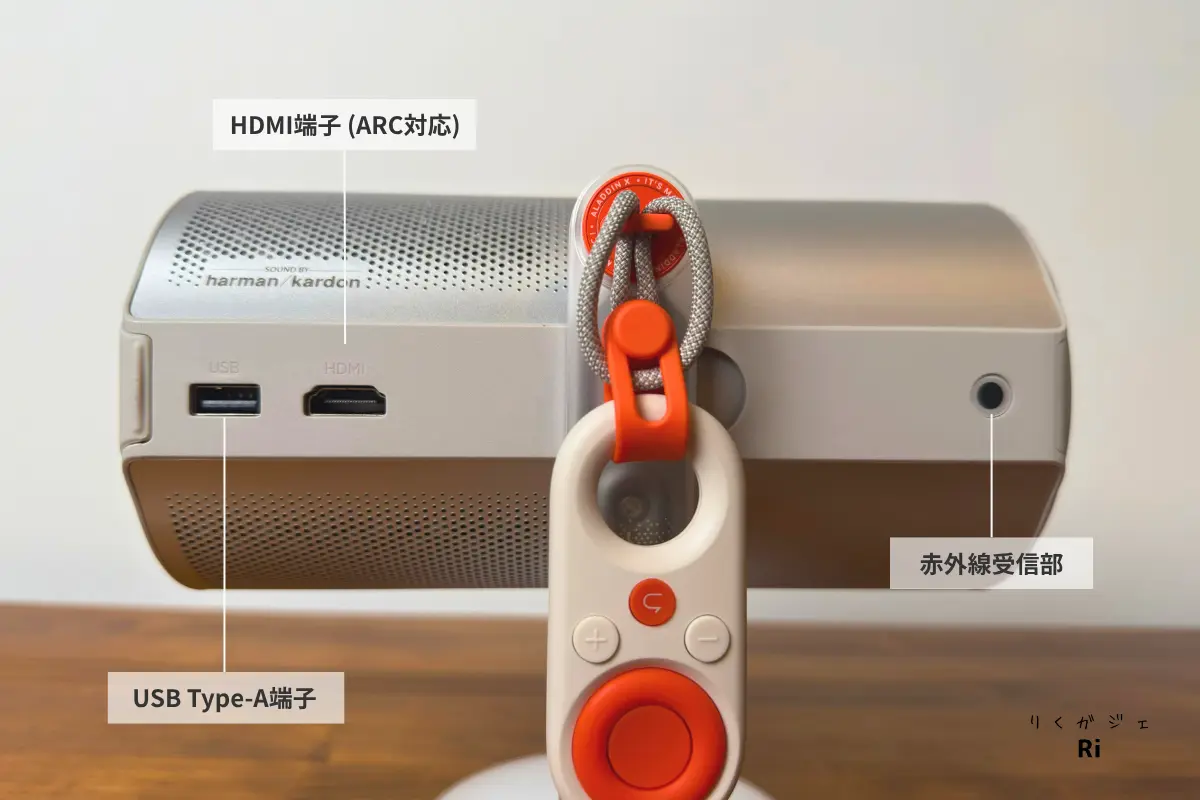 Aladdin Poca Laserの側面端子部。左からUSB-A端子、HDMI端子（ARC対応）、赤外線受信部が並んでいる。