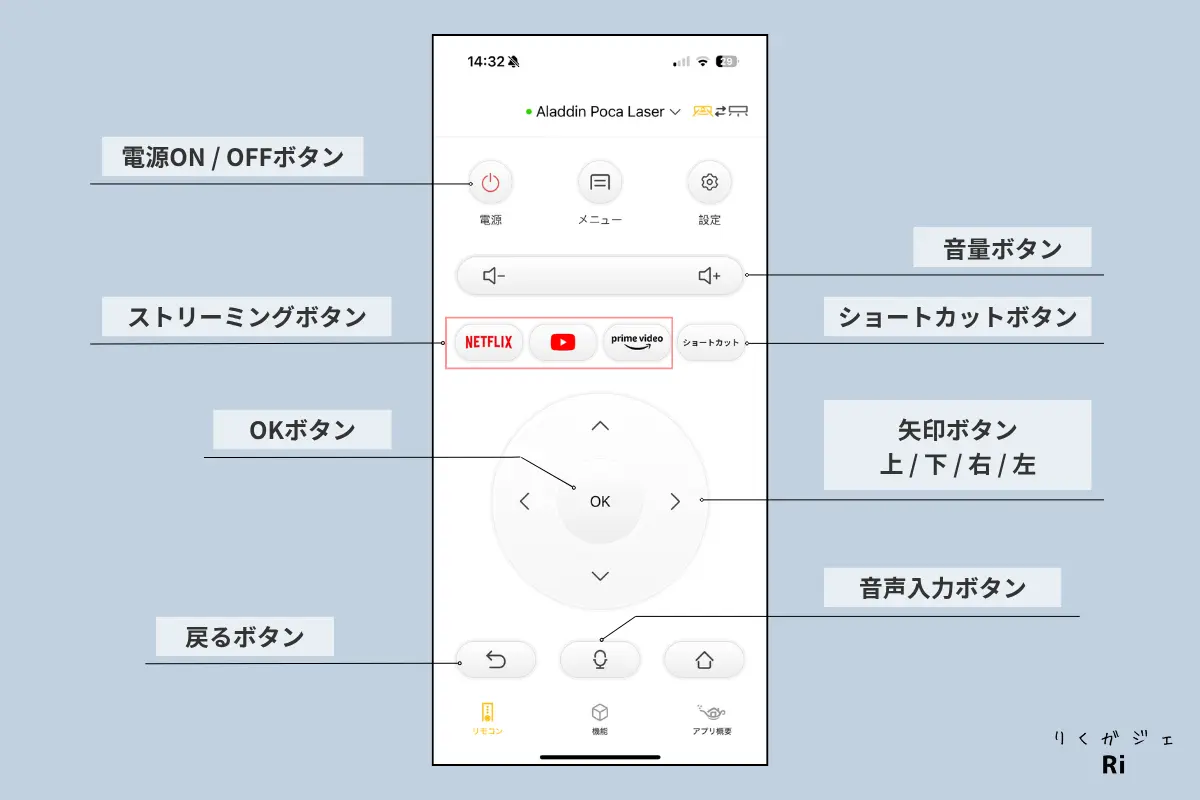 Aladdin Xアプリのリモコン画面。電源ON/OFF、音量、矢印ボタン、OKボタン、ストリーミングボタンなどをスマホ上で操作できるインターフェースを表示している。