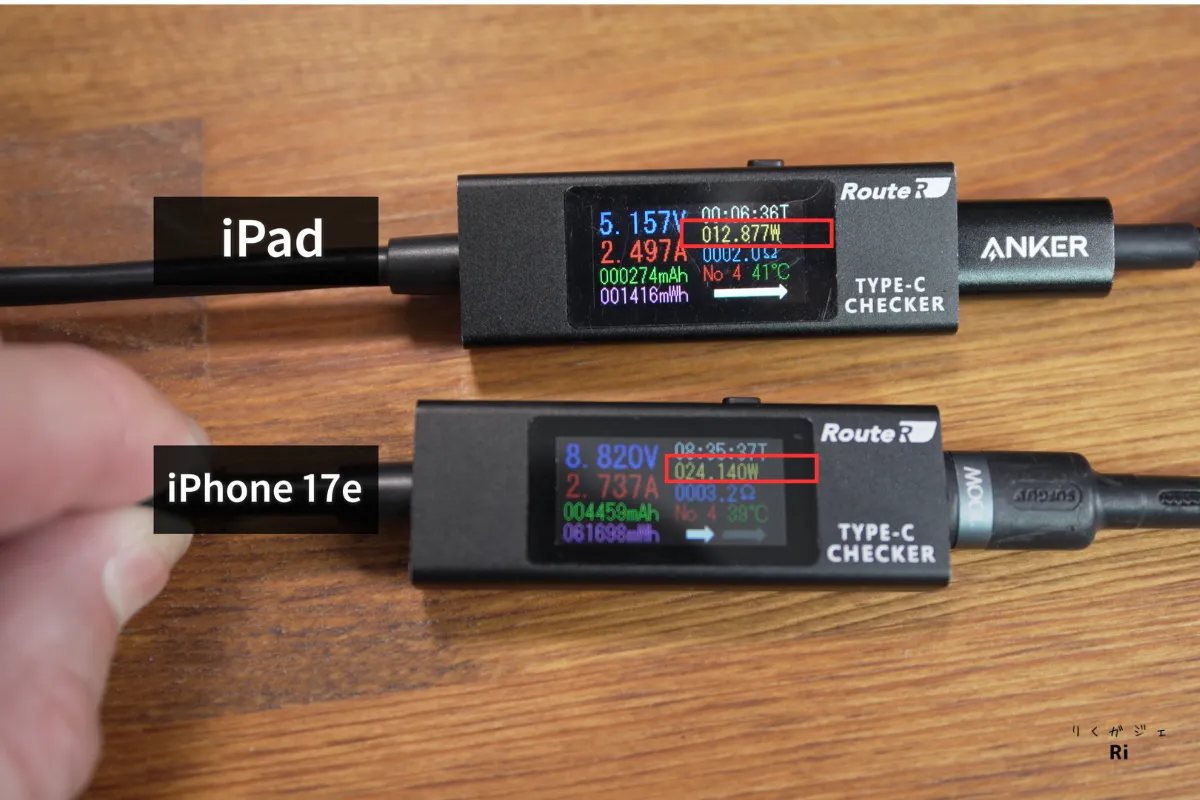 iPadとiPhoneの充電出力を測定