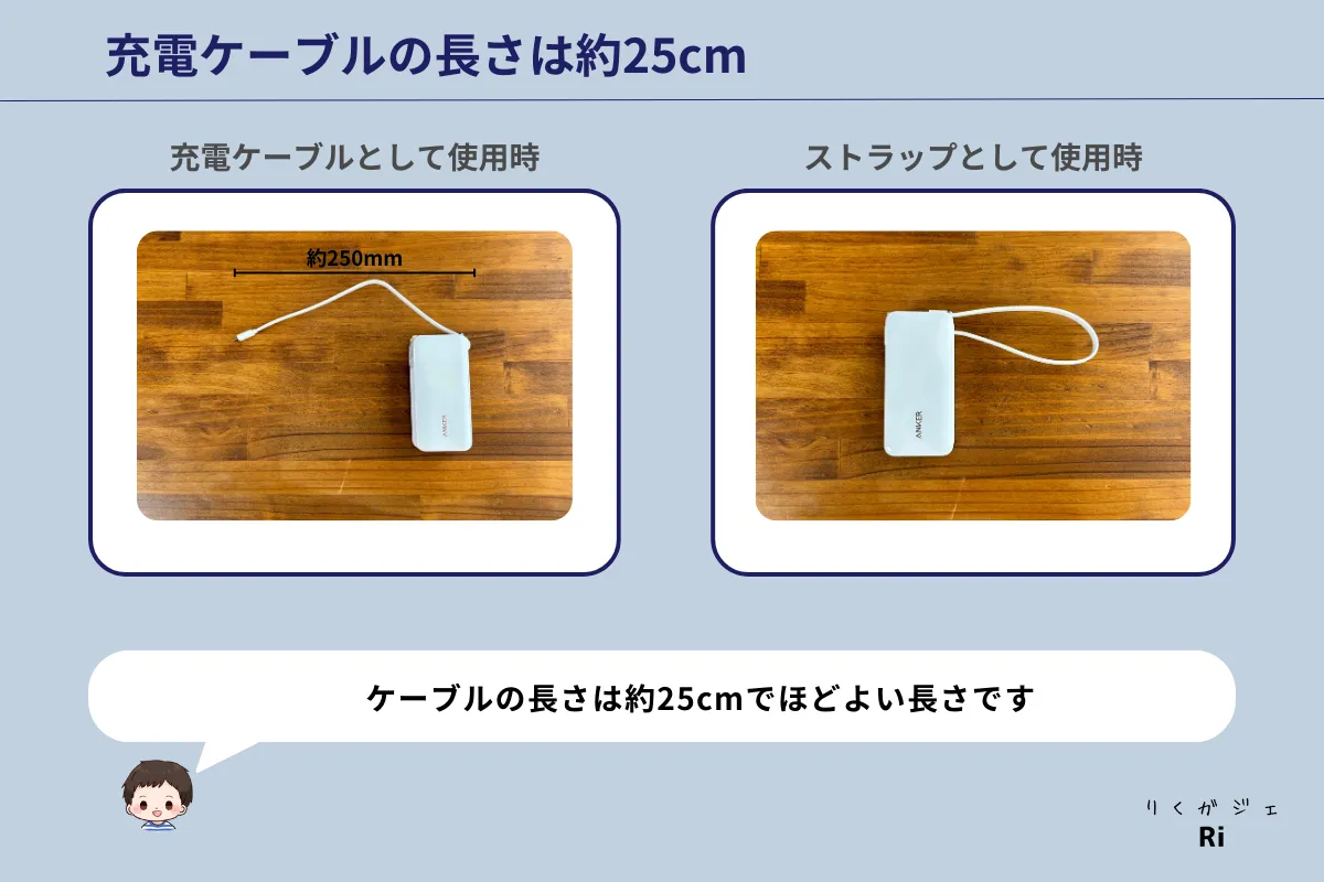 充電ケーブルの長さは25cm説明図解