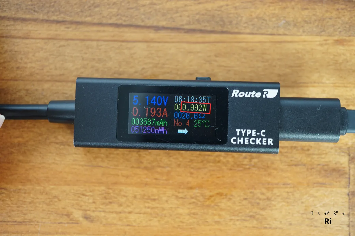 Anker Zolo Power Bankで3台同時に充電している際のワイヤレスイヤホン実測出力を示すUSB電圧チェッカー。出力は約0.9Wと表示されており、合計出力15W内で分配されていることがわかる。