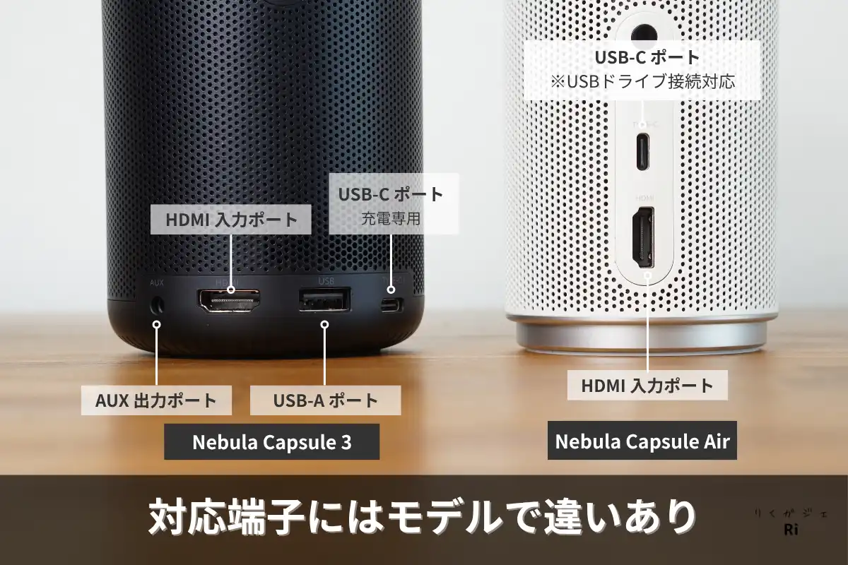 Nebula Capsule 3とCapsule Airの端子比較。Capsule 3はAUX出力・USB-A搭載、Capsule AirはシンプルなHDMIとUSB-C端子のみ。