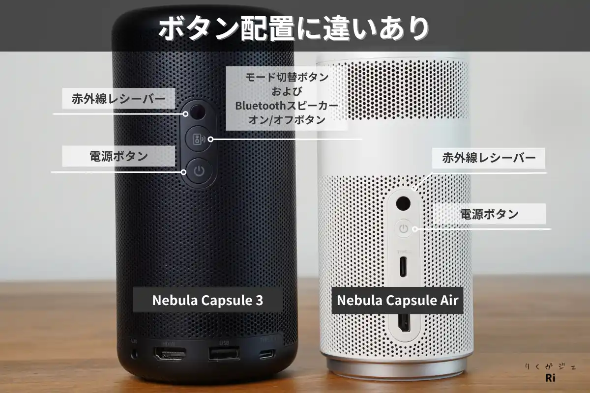 Nebula Capsule 3とCapsule Airの背面ボタン配置の比較。Capsule 3は3ボタン構成、Capsule Airは縦並びでシンプルなデザイン。