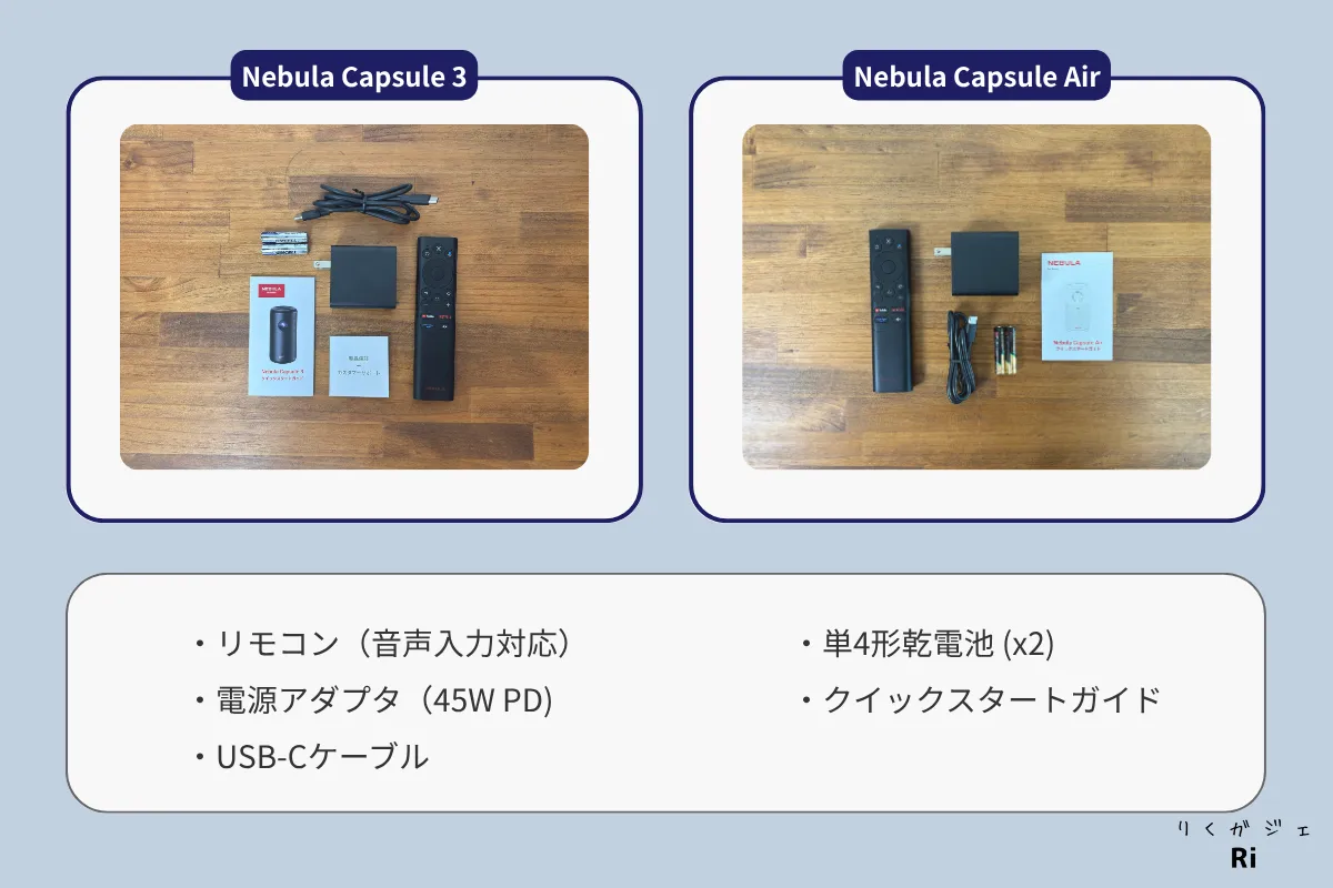 Nebula Capsule 3とCapsule Airの付属品を比較した画像。リモコンや電源アダプタ、USB-Cケーブルなどが並べられている。