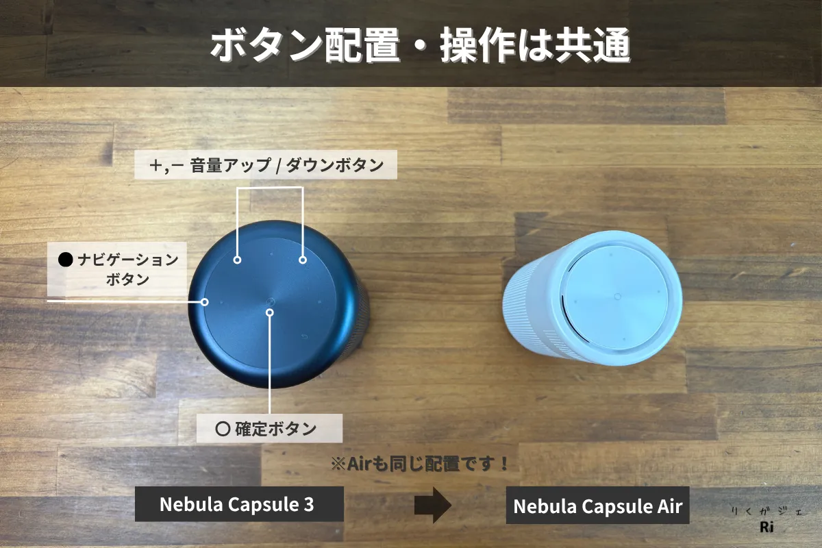 Nebula Capsule 3とCapsule Airの上面を比較し、音量・ナビゲーション・決定ボタンなどの配置が同じであることを示している図。