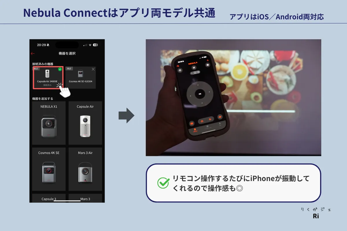Nebula Capsule 3とAirの両モデルで使える『Nebula Connect』アプリの操作画面。スマホ画面にはCapsule Airとの接続やタッチパッド操作の様子が映っており、リモコン操作時にiPhoneが振動することを示す注釈も表示されている。
