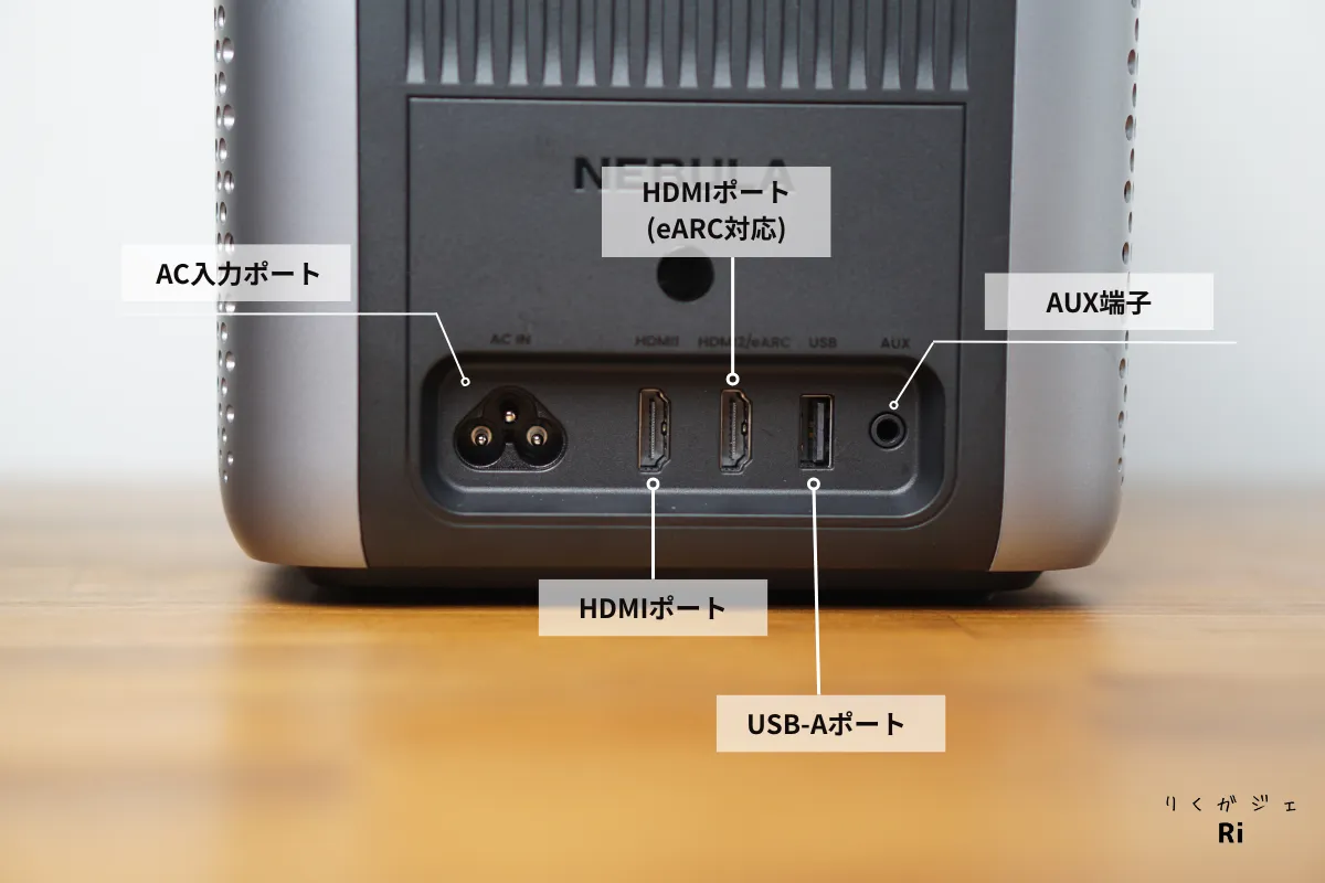 Nebula Cosmos 4K SEの背面端子図解。AC入力ポート、HDMIポート、eARC対応HDMI、USB-Aポート、AUX端子の位置を示した画像。