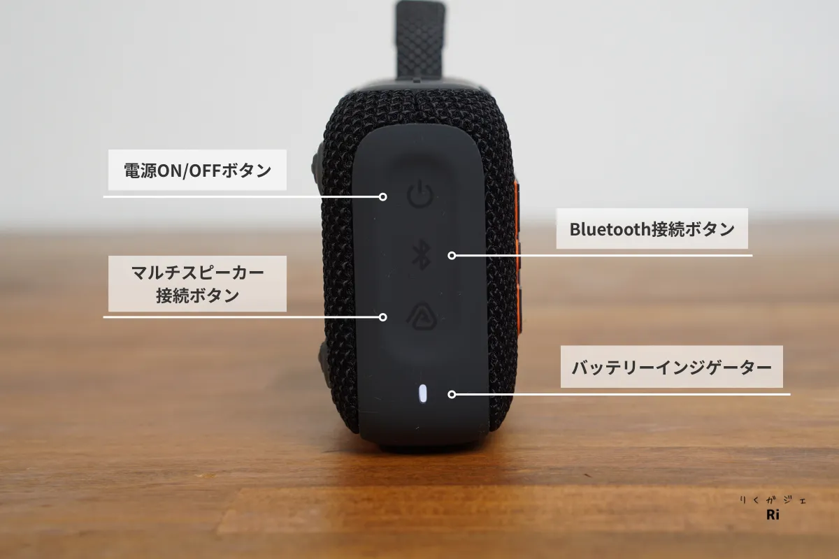 JBL Go 4の側面にある操作部。電源ON/OFFボタン、Bluetooth接続ボタン、マルチスピーカー接続ボタン、バッテリーインジケーターが配置されている様子