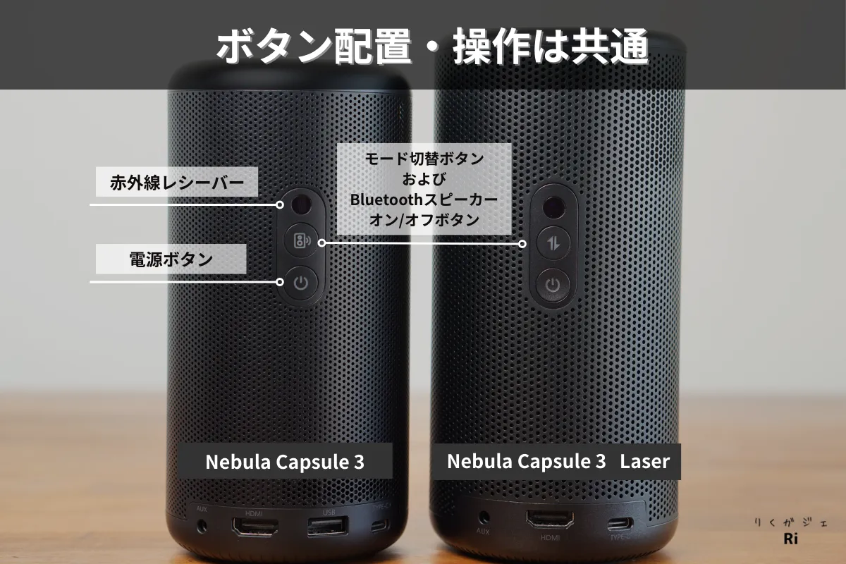 Nebula Capsule 3とNebula Capsule 3 Laserの背面ボタン配置を比較。電源ボタンとBluetoothモード切替ボタンの位置は共通