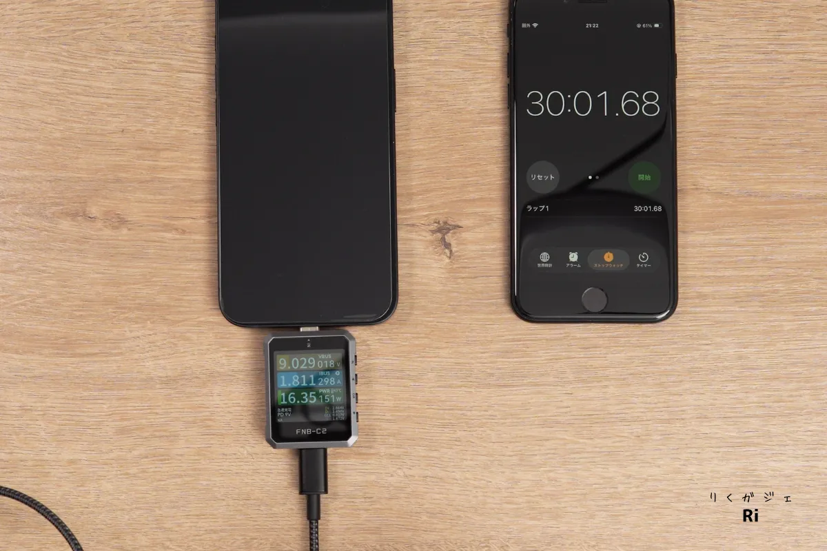 PHYSCE RGB ECO 35WでiPhone 17eを30分間充電し、ストップウォッチとUSBテスターで測定した様子