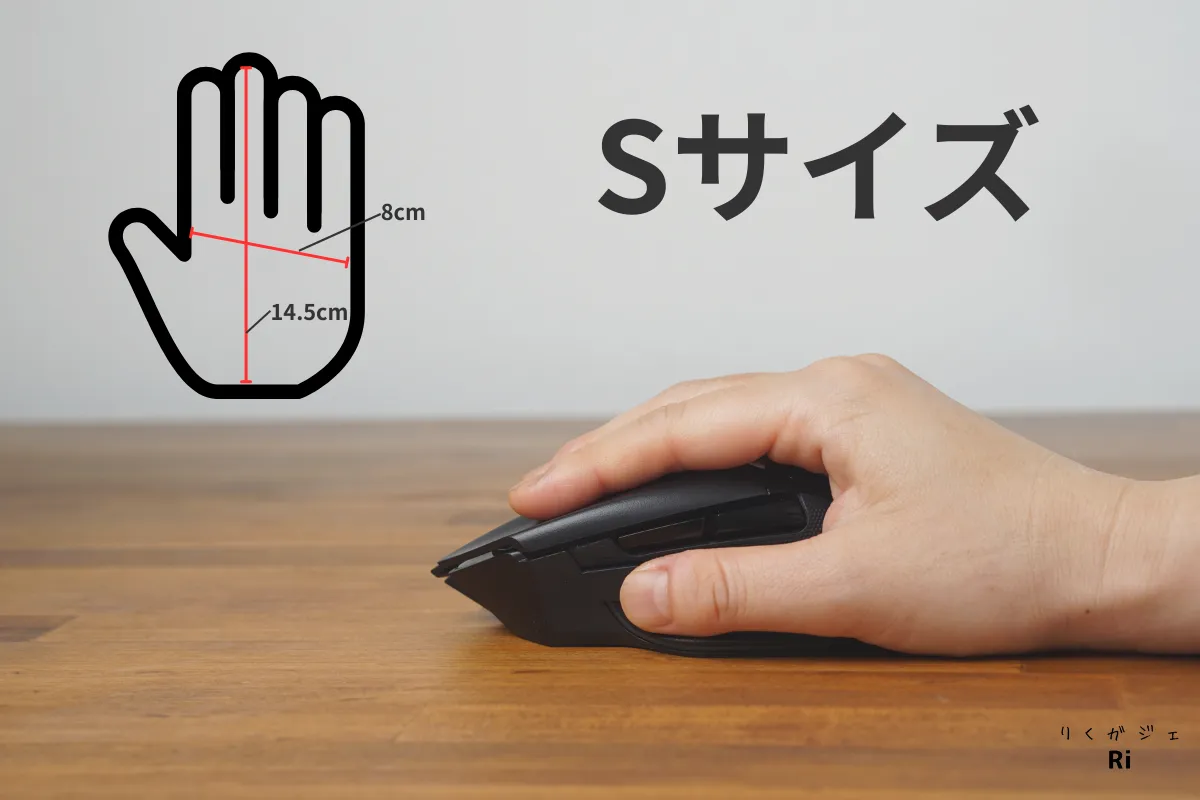 手の大きさ14.5cm×8cmのSサイズの手でRazer Basilisk V3 Pro 35Kを持った様子