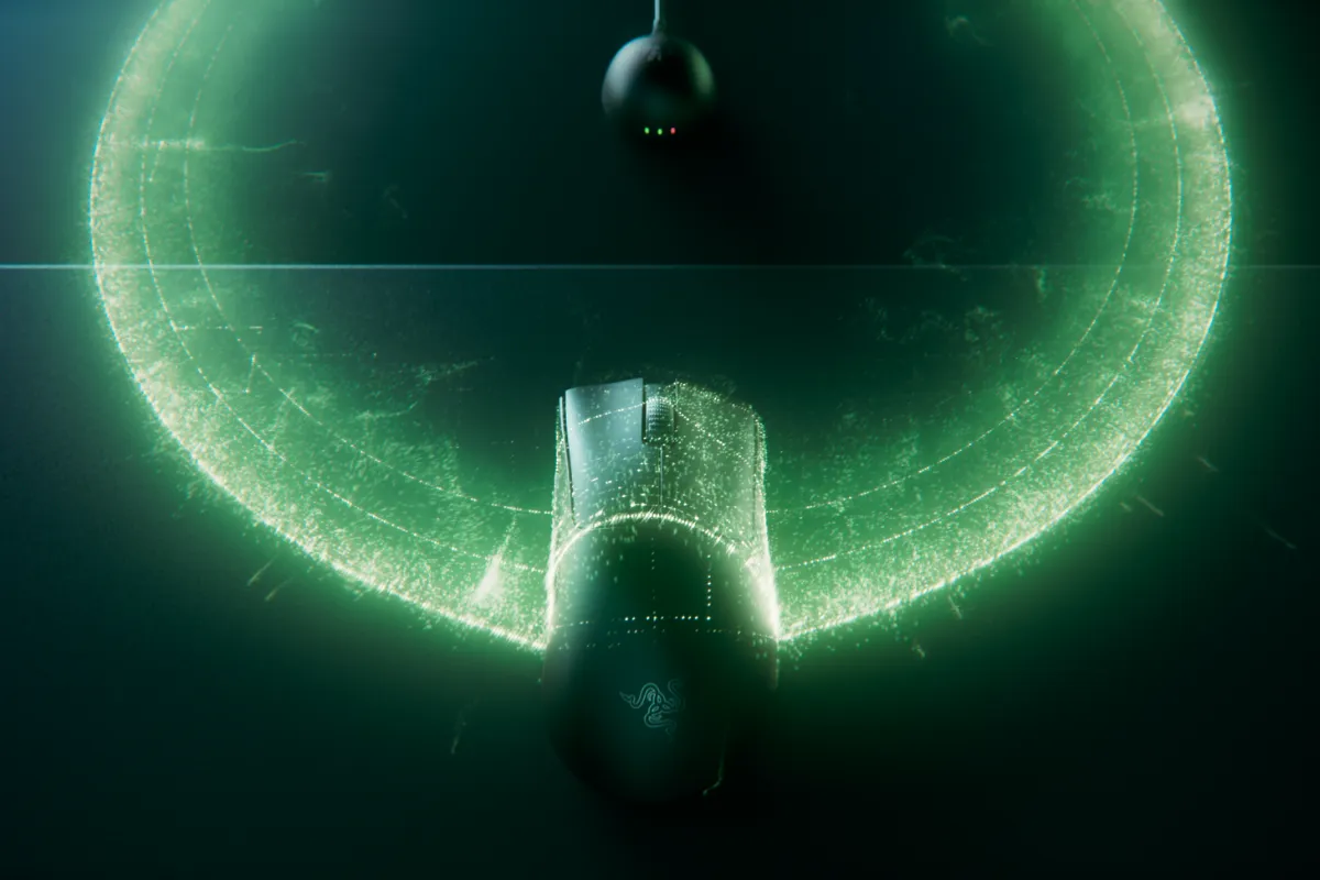 緑色の光で表現されたマウスのポーリングレートのイメージ図。中央にRazer DeathAdder V4 Proのマウスが配置され、前方に広がる半円状の光の軌跡が描かれている。これは最大8000Hzの高いポーリングレート対応を示し、1msごとに入力を送信できる性能をイメージ的に表現している。