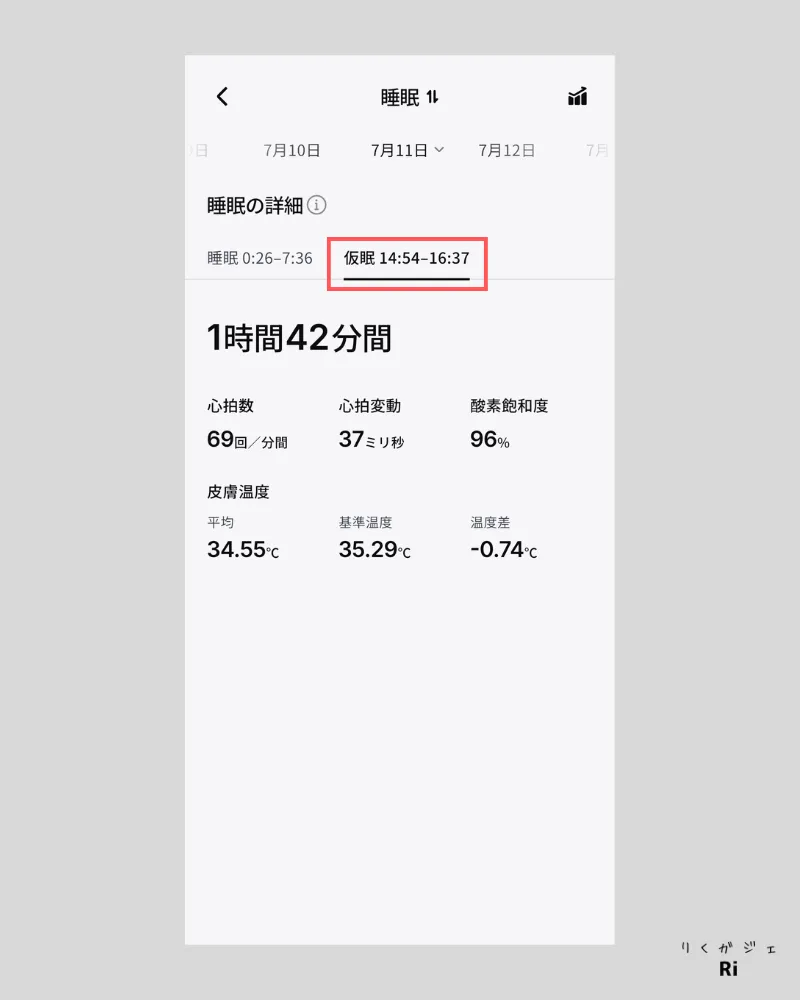 RingConnアプリで記録された昼寝のデータ