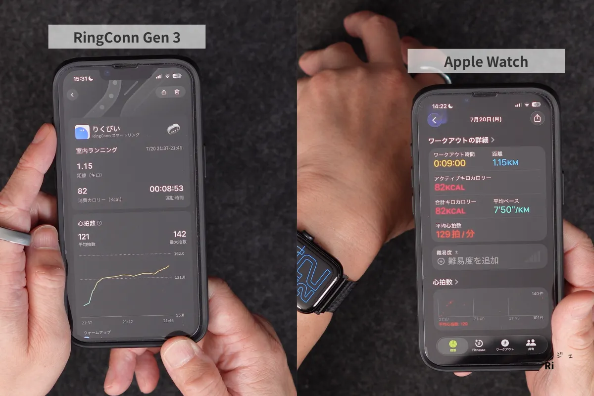 RingConn Gen 3とApple Watchの運動記録を比較
