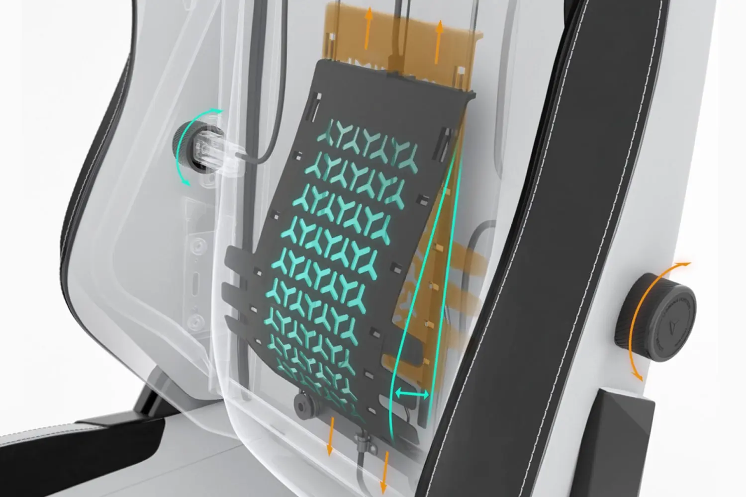 Secretlab TITAN Evoの背もたれ内部構造を透視図で示したイメージ。4-way L-ADAPT™ ランバーサポートシステムが搭載されており、背中にフィットするように上下・前後に調整可能な内部メカが描かれている。右側には調整ダイヤルも見える。