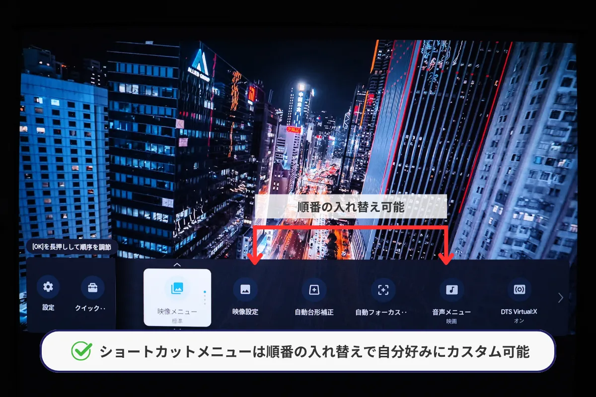 ショートカットメニュー並べ替え画面。リモコンのOKボタンを長押しすると、各設定項目の表示順を自由に変更できる。