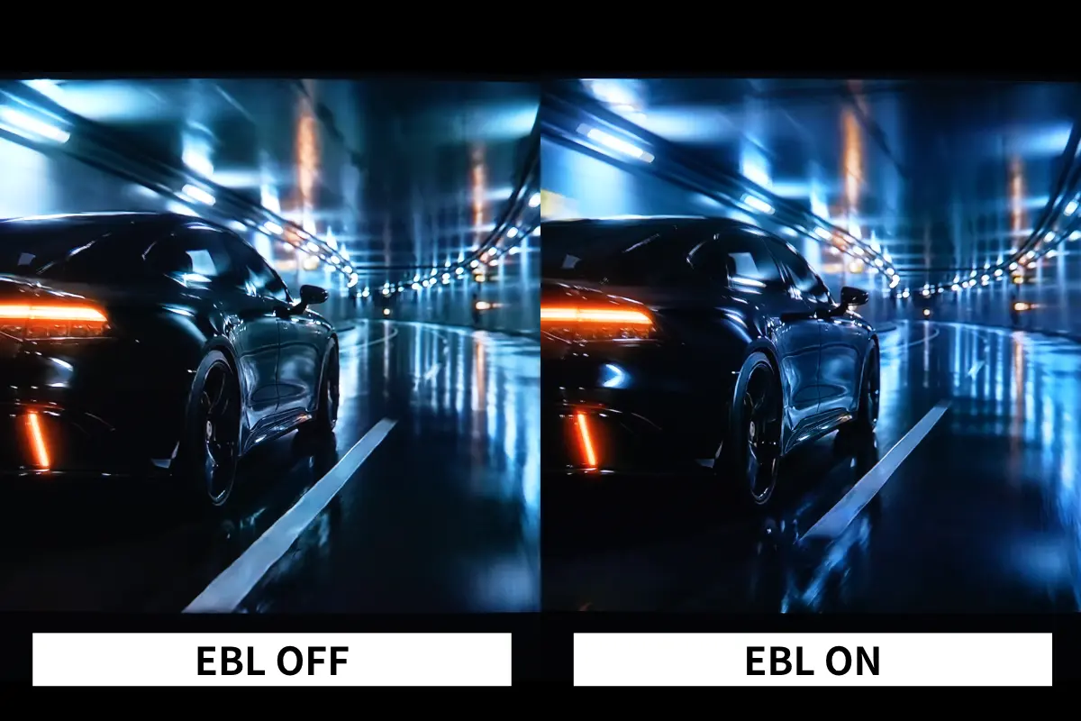 Valerion Pro 2のEBL機能をON・OFFで比較。暗いトンネルを走る車の映像で、黒の表現やコントラストの違いを検証。