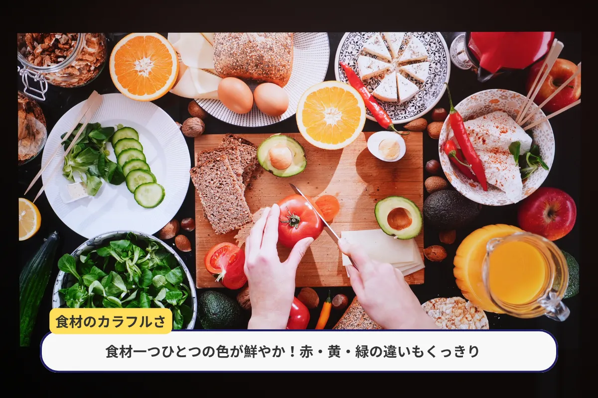 Valerion Pro 2の色彩表現。野菜や果物などの食材を鮮やかに映し出し、赤・黄・緑の発色を確認。