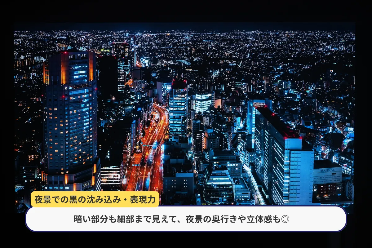 夜景映像。EBLをOFFにした状態で、ビルの明暗や暗部のディテール、黒の沈み込みを確認。