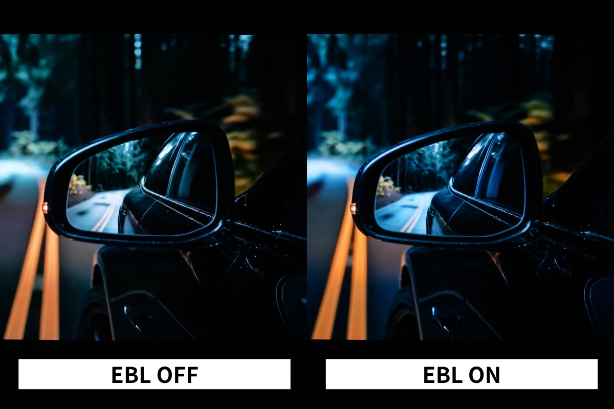 EBL比較。左はオフ、右は「高」。森林を走る車の映像で、木々の奥や車体の暗部の黒の沈み込みを比較。